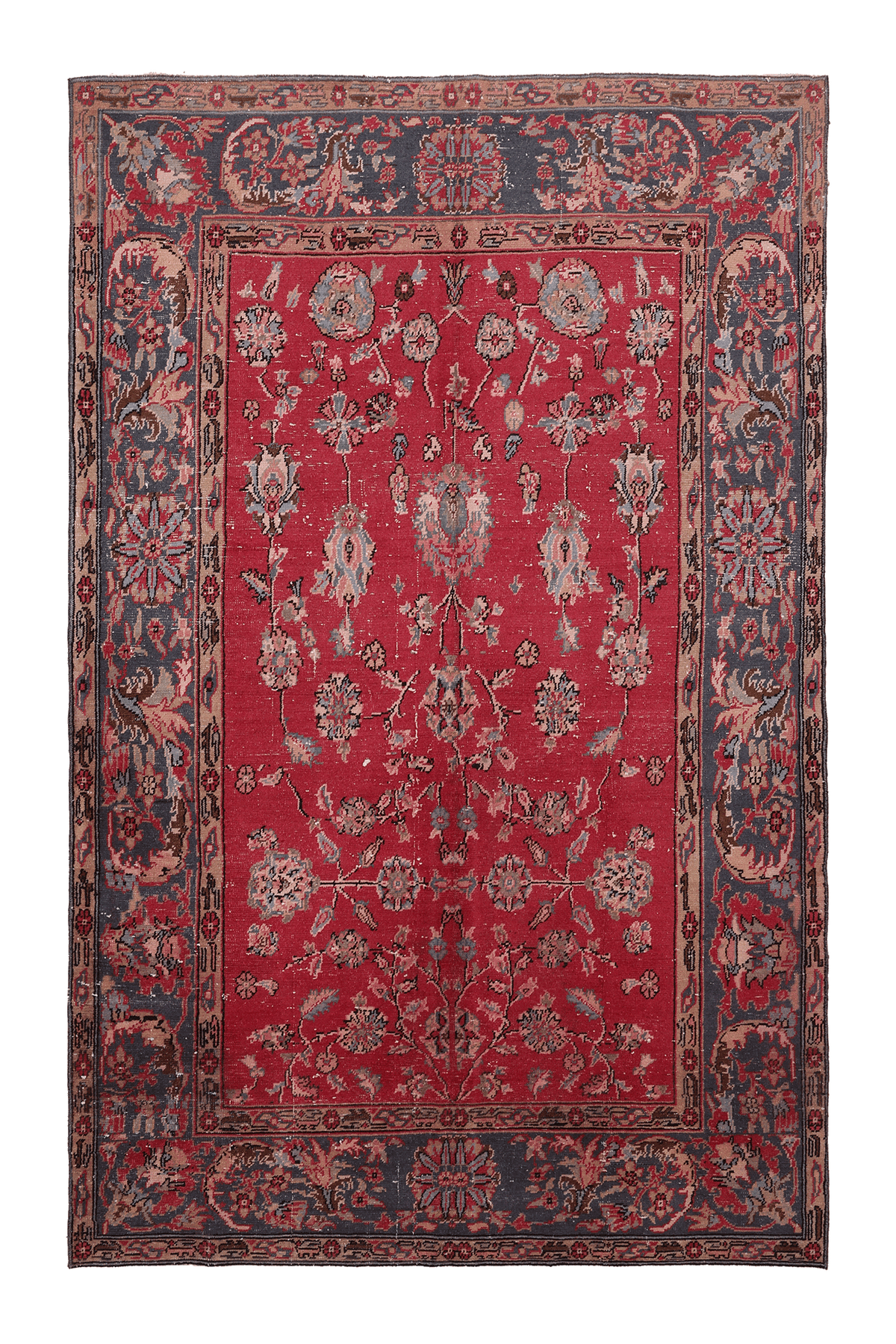 Vintage Isparta Turkish Area Rug 5x8 ft — Red & Blue Floral