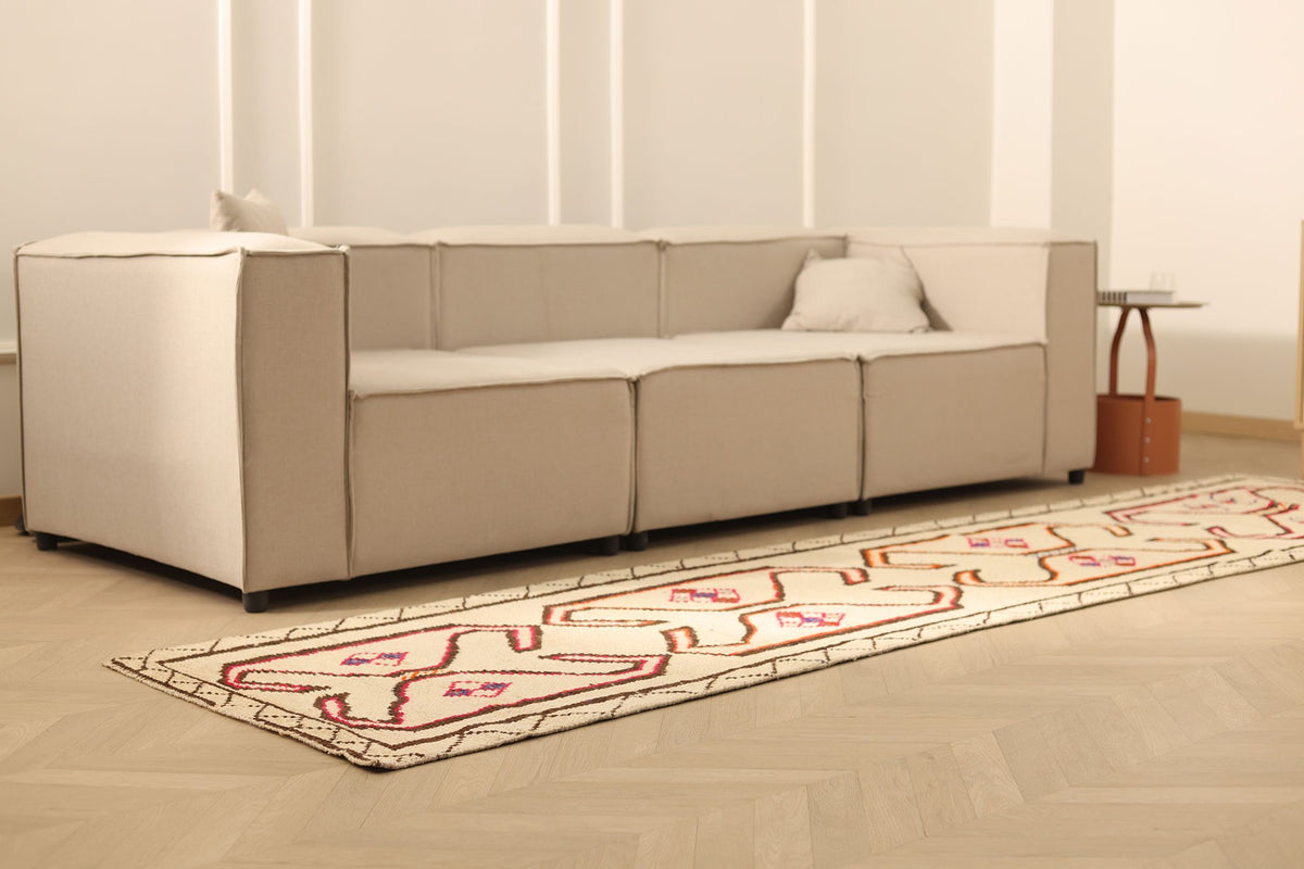 Vintage Southeastern Persian Style Runner Rug 3x12 ft — Beige & Brown Geometric