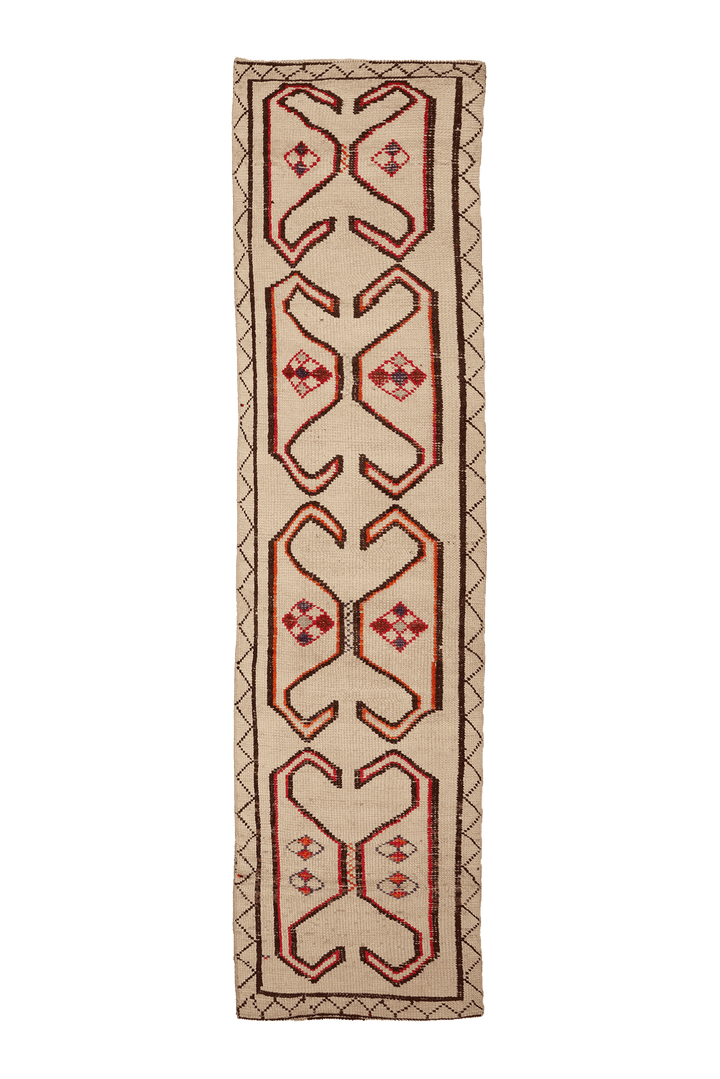 Vintage Southeastern Persian Style Runner Rug 3x12 ft — Beige & Brown Geometric