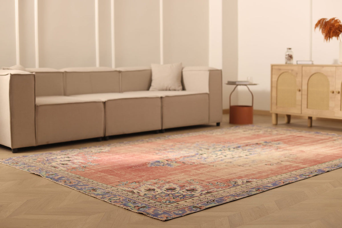 Vintage Manisa Turkish Area Rug 7x11 ft — Red & Blue Floral