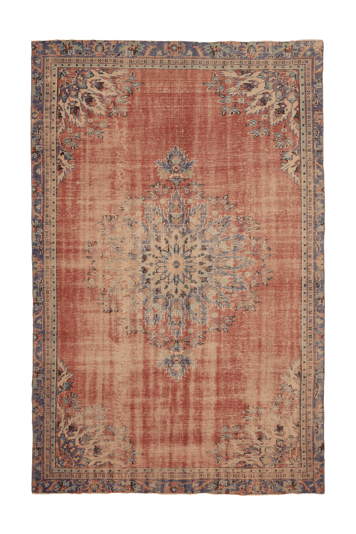Vintage Manisa Turkish Area Rug 7x11 ft — Red & Blue Floral