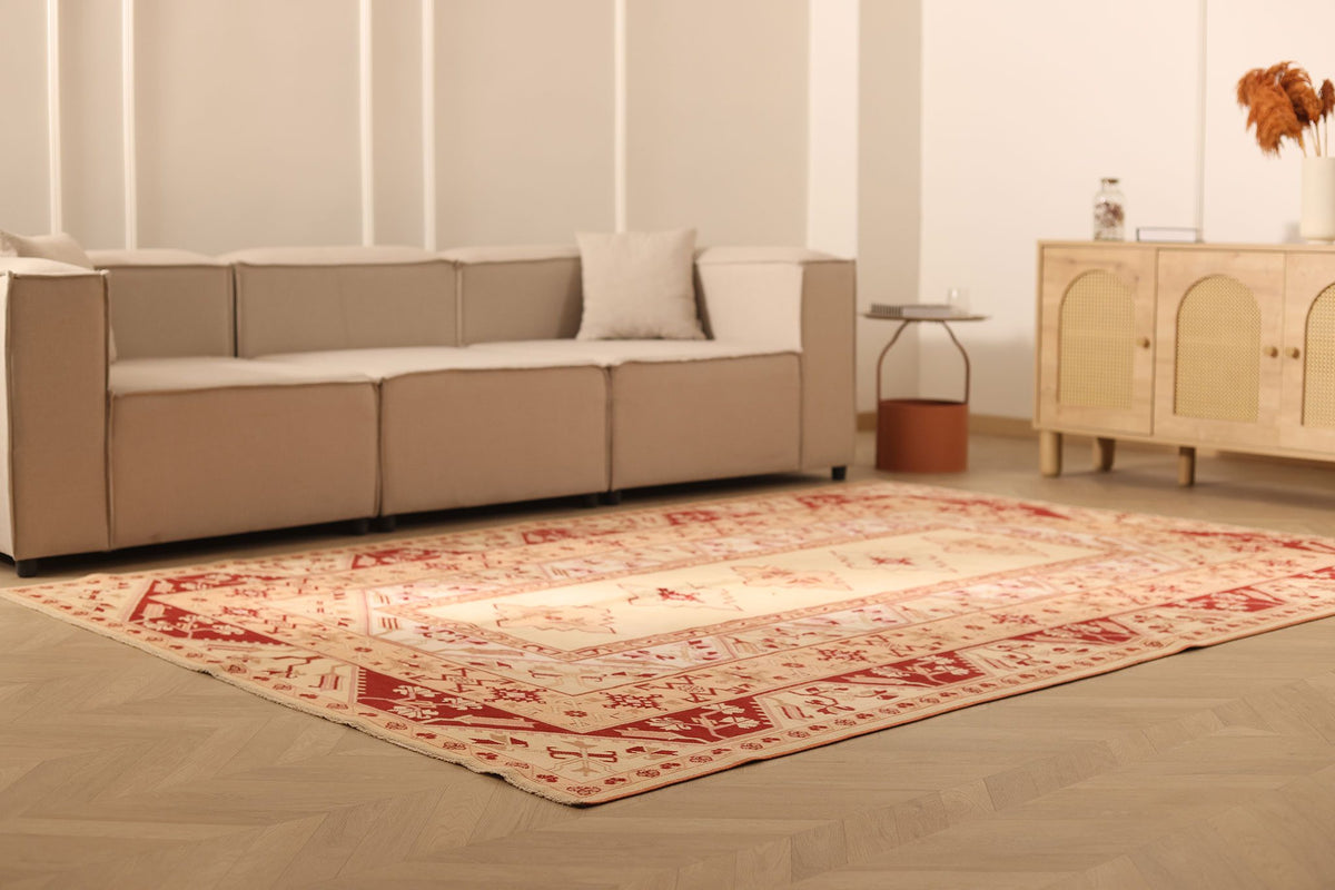 Vintage Muğla Turkish Area Rug 7x9 ft — Beige & Brown Geometric