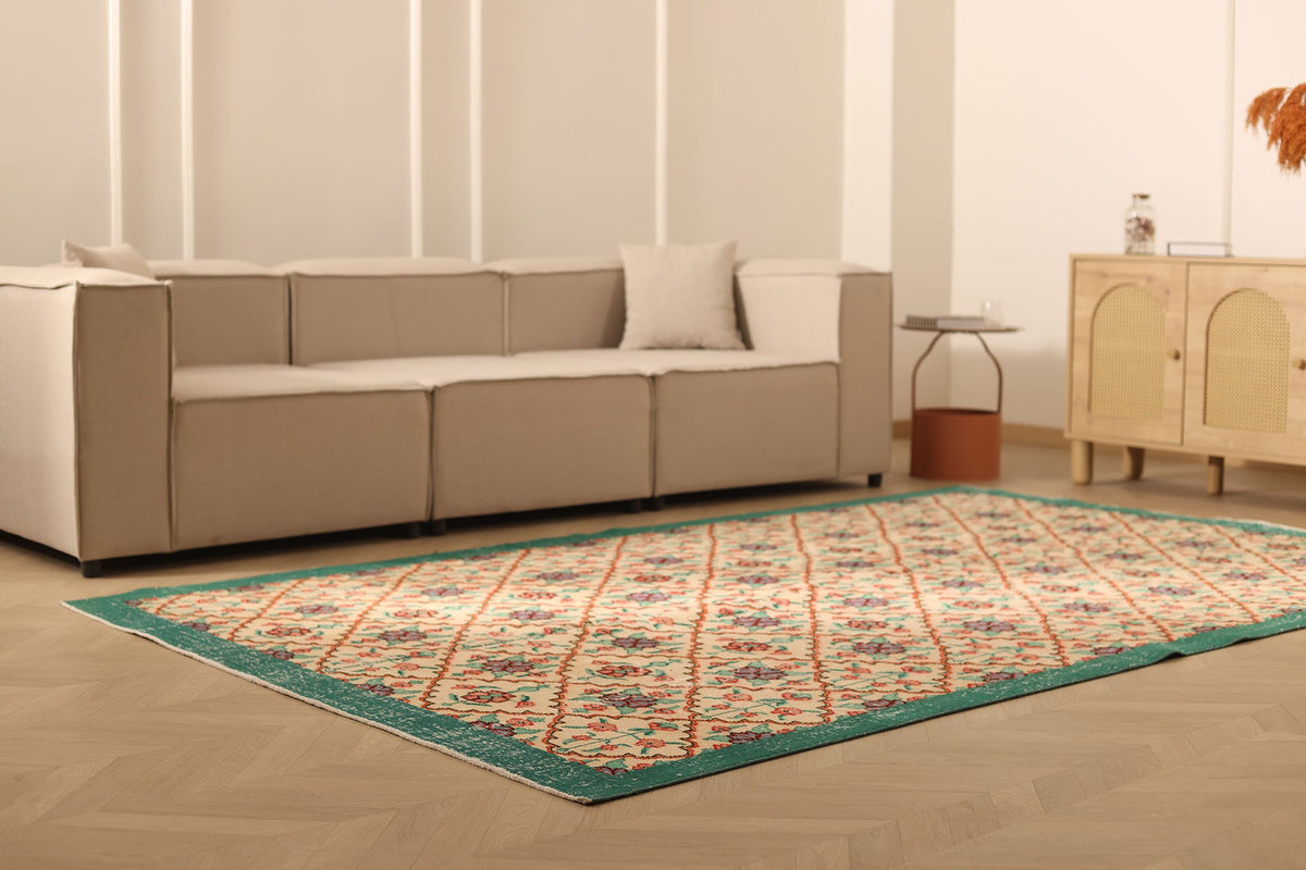 Vintage Isparta Turkish Area Rug 7x10 ft — Beige & Green Floral