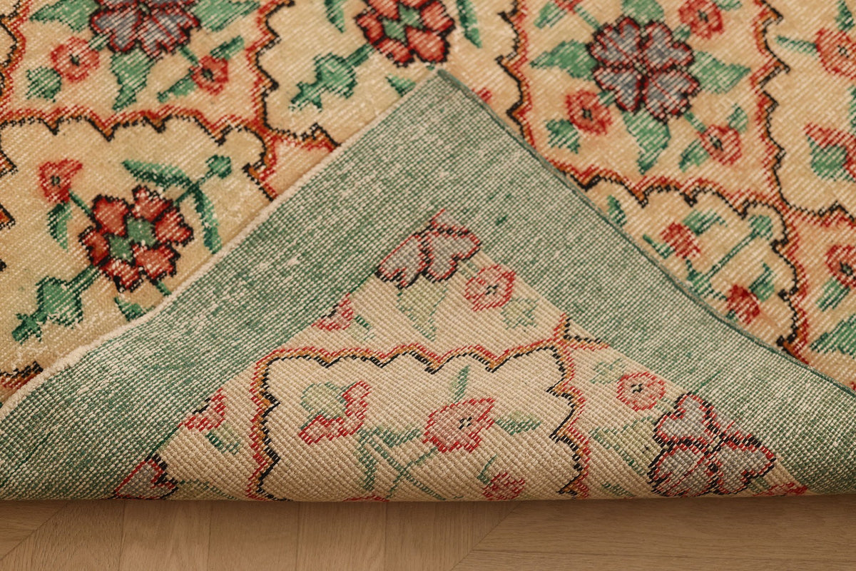 Vintage Isparta Turkish Area Rug 7x10 ft — Beige & Green Floral