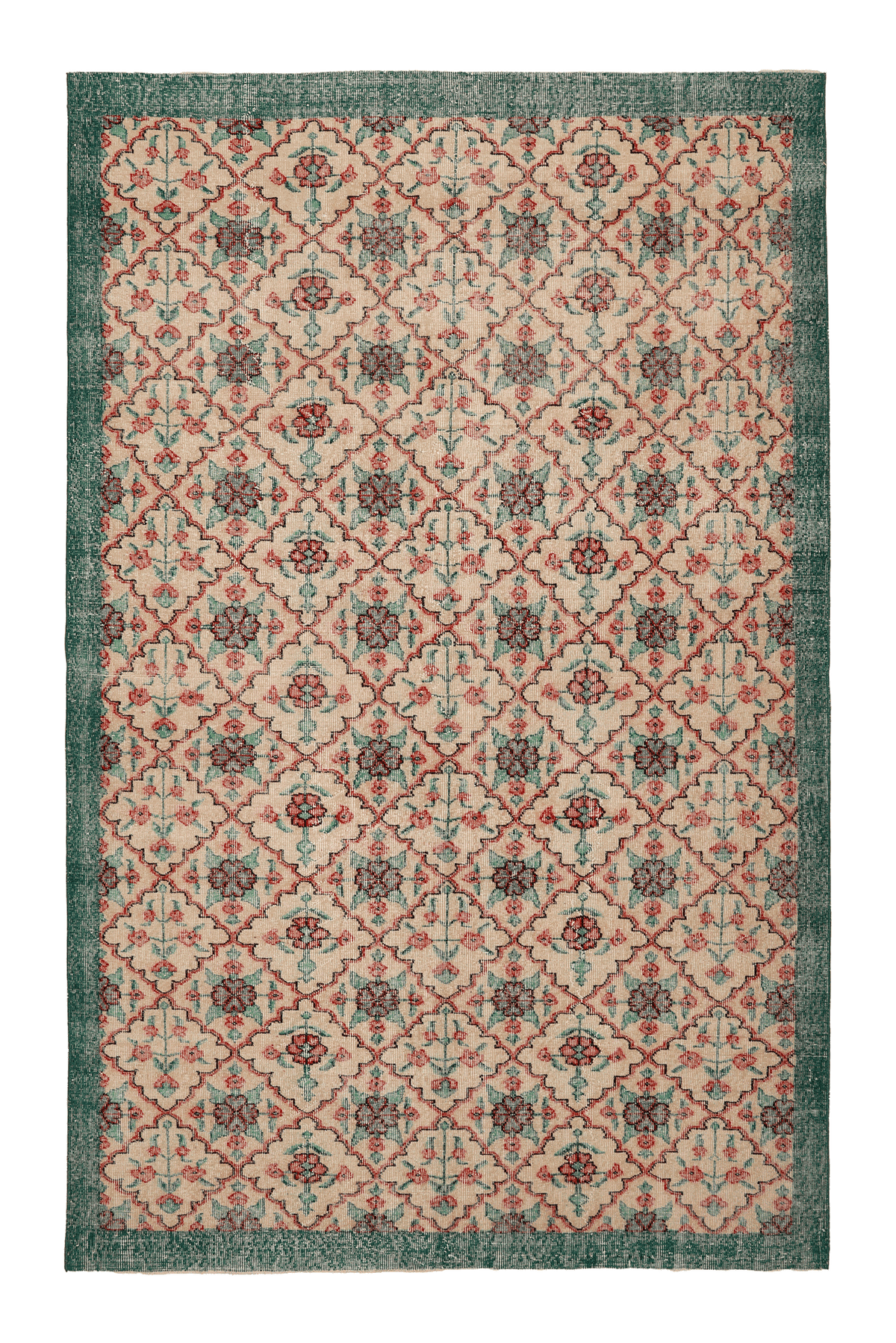 Vintage Isparta Turkish Area Rug 7x10 ft — Beige & Green Floral