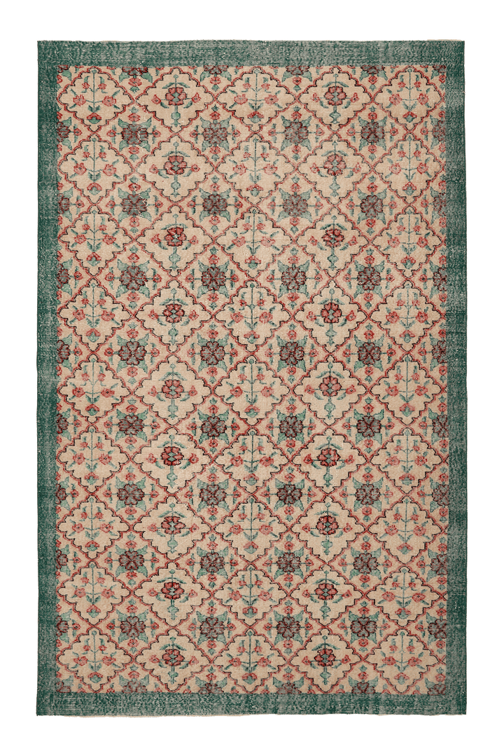 Vintage Isparta Turkish Area Rug 7x10 ft — Beige & Green Floral
