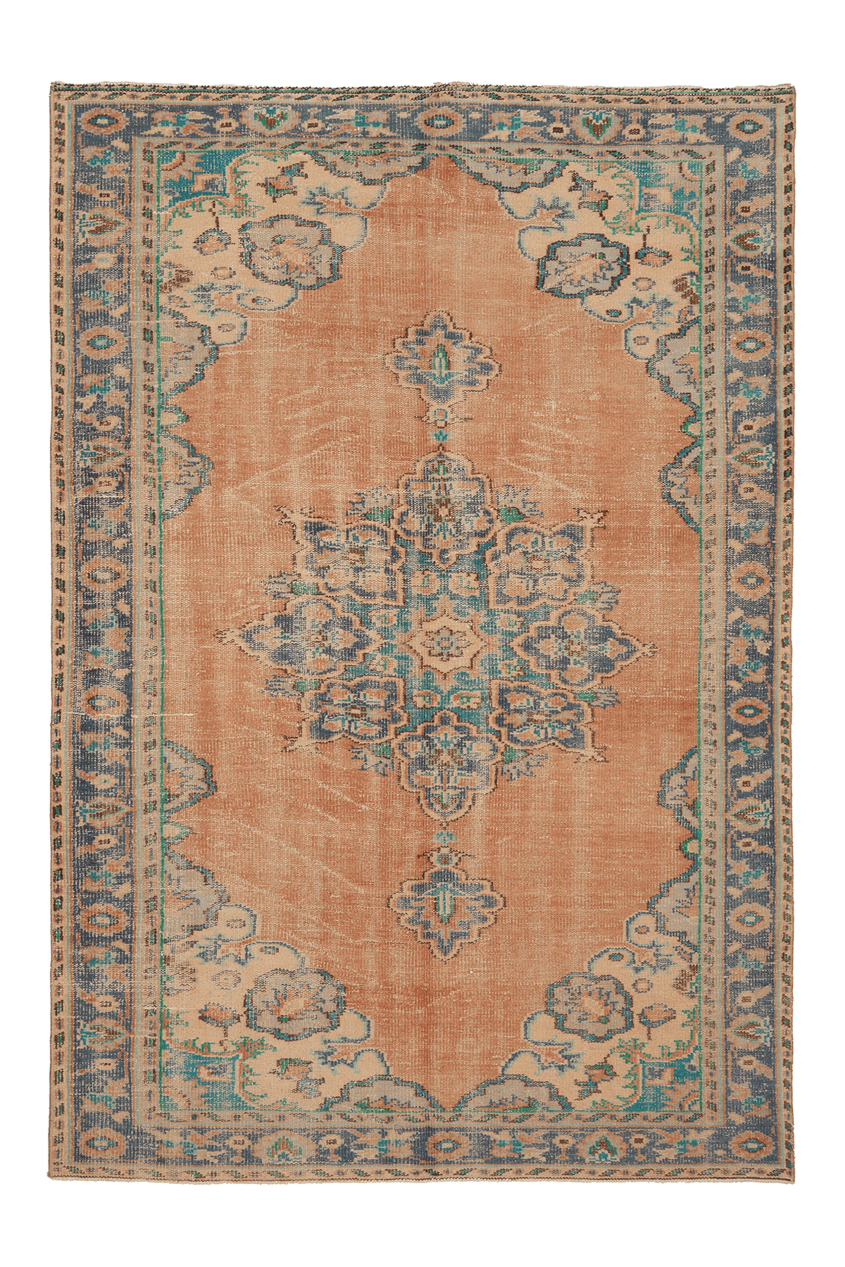 Vintage Isparta Turkish Area Rug 6x9 ft — Orange & Blue Distressed