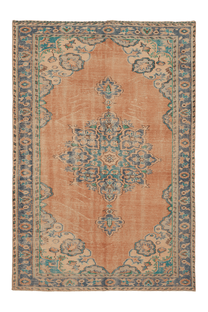 Vintage Isparta Turkish Area Rug 6x9 ft — Orange & Blue Distressed