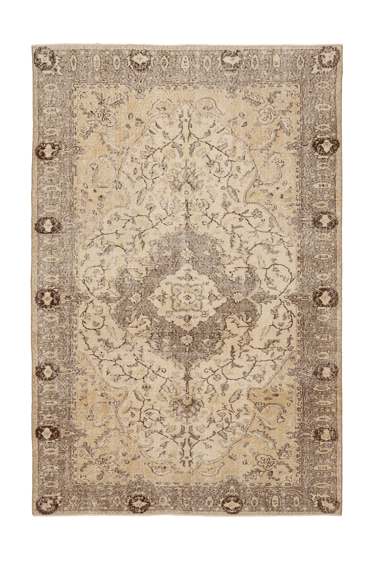 Vintage Isparta Turkish Area Rug 5x8 ft — Beige & Brown Floral