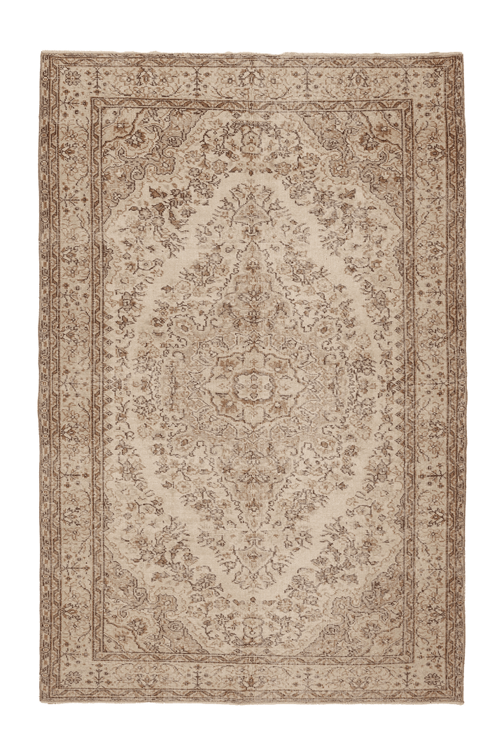 Vintage Isparta Turkish Area Rug 6x7 ft — Beige & Brown Floral