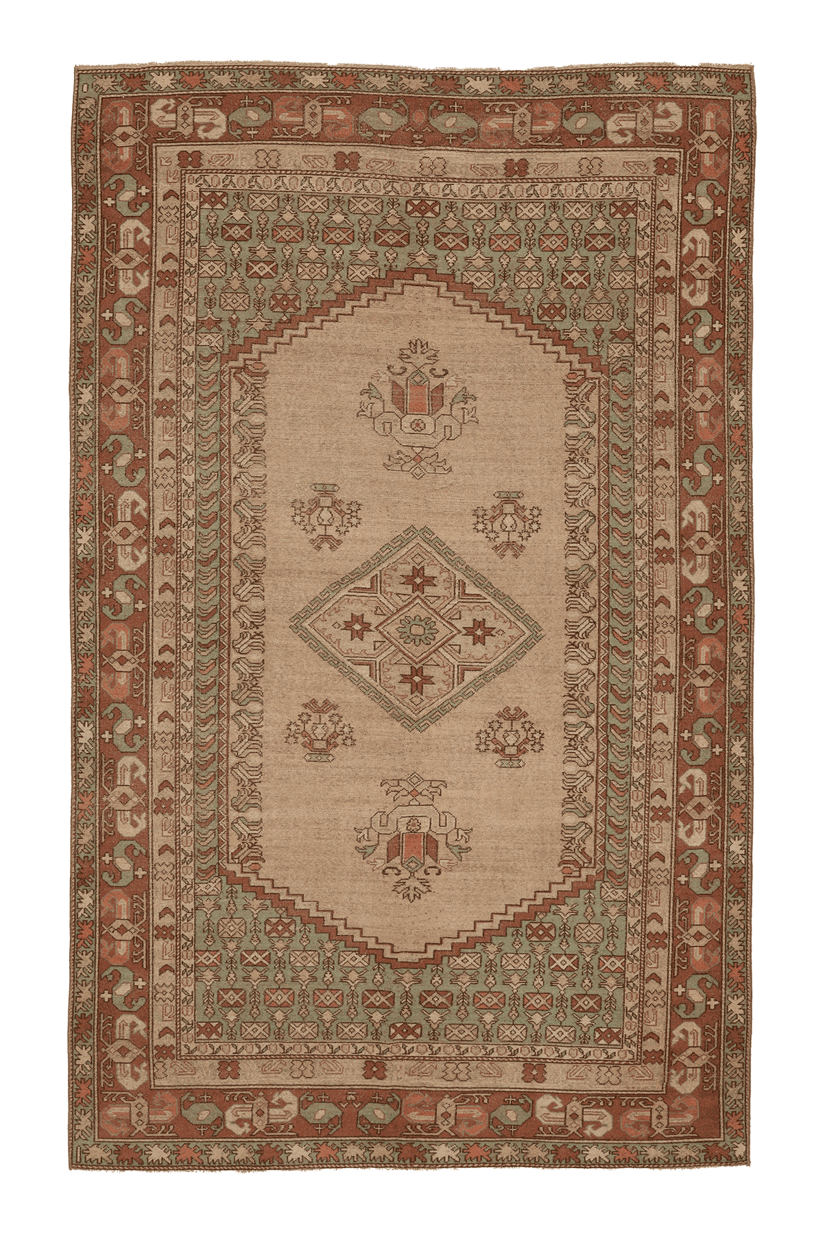 Vintage Uşak Turkish Area Rug 6x10 ft — Beige & Green Geometric