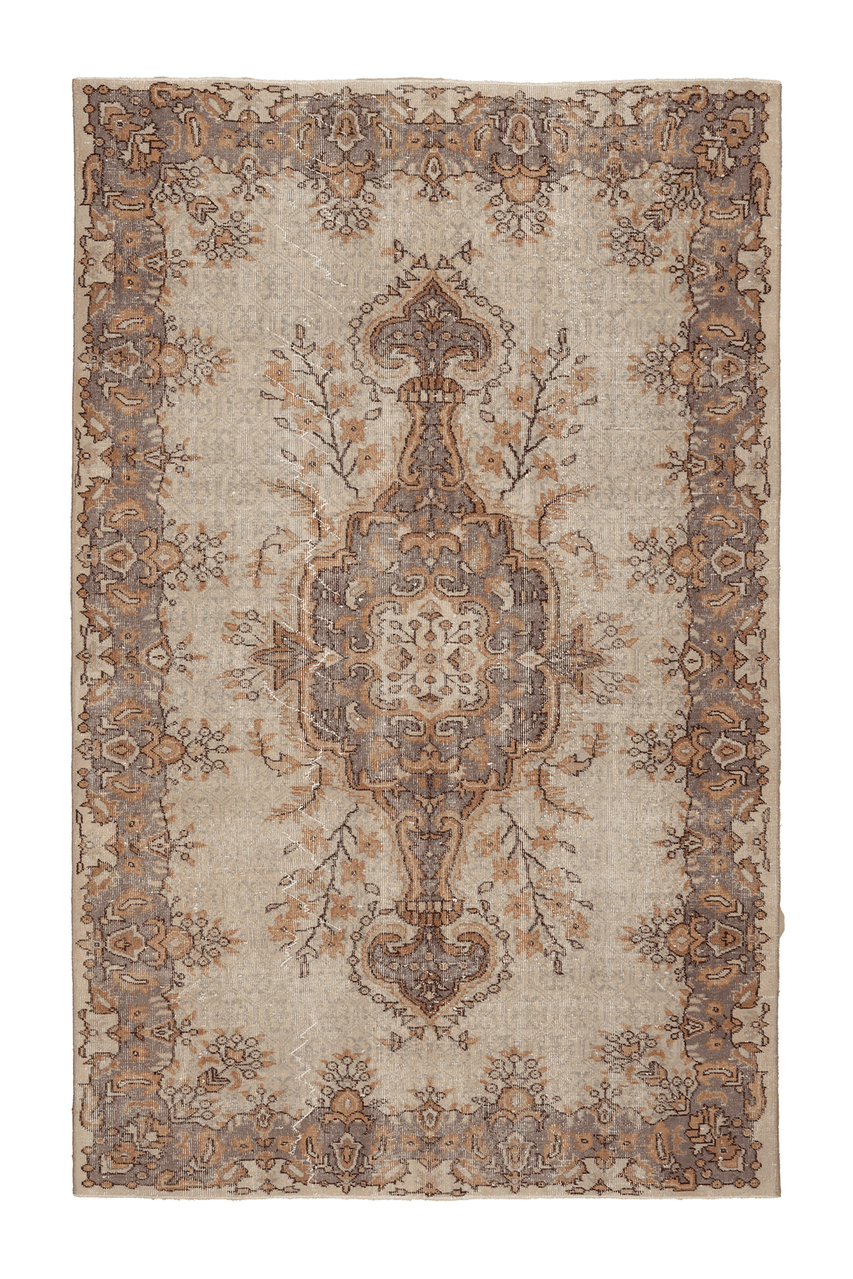 Vintage Isparta Turkish Area Rug 6x9 ft — Beige & Gray Floral