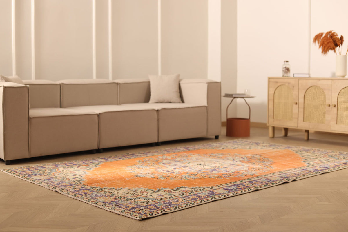 Vintage Isparta Turkish Area Rug 6x10 ft — Orange & Blue Floral