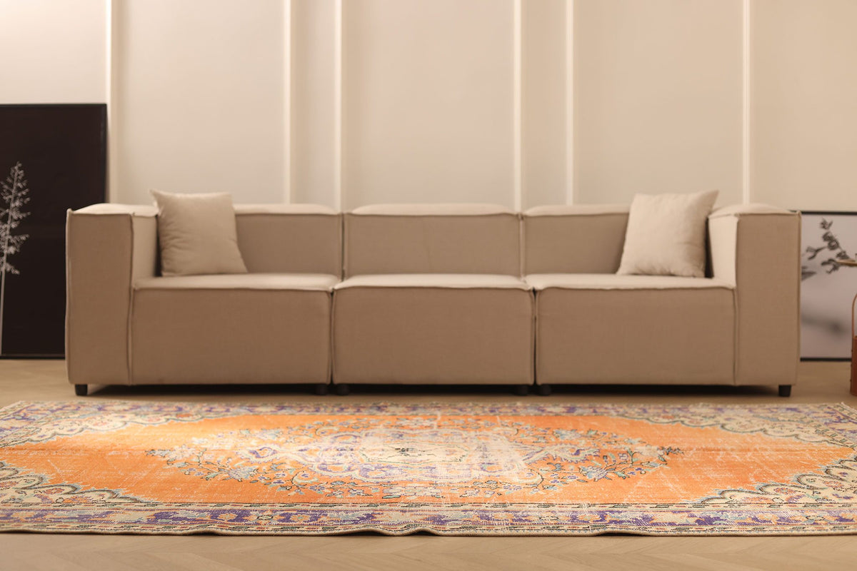 Vintage Isparta Turkish Area Rug 6x10 ft — Orange & Blue Floral