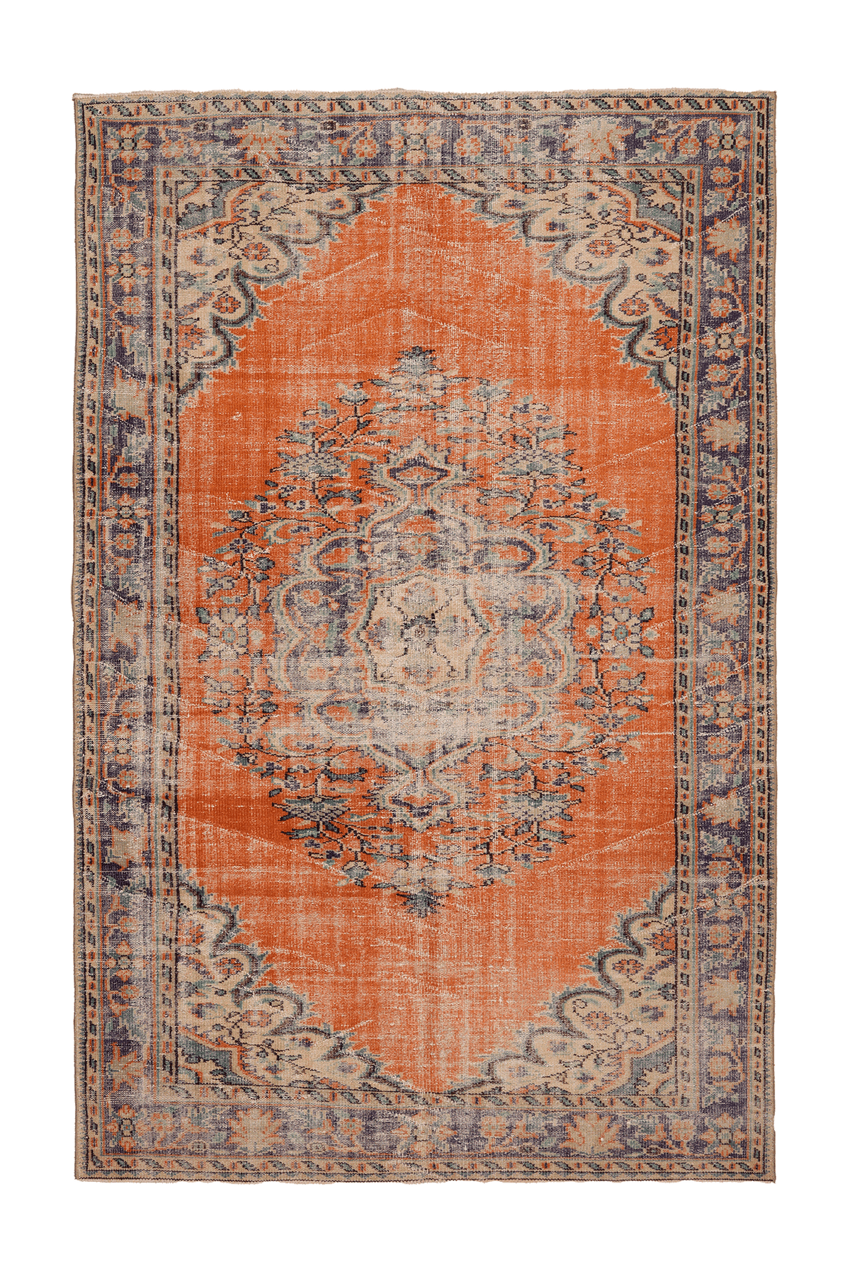 Vintage Isparta Turkish Area Rug 6x10 ft — Orange & Blue Floral