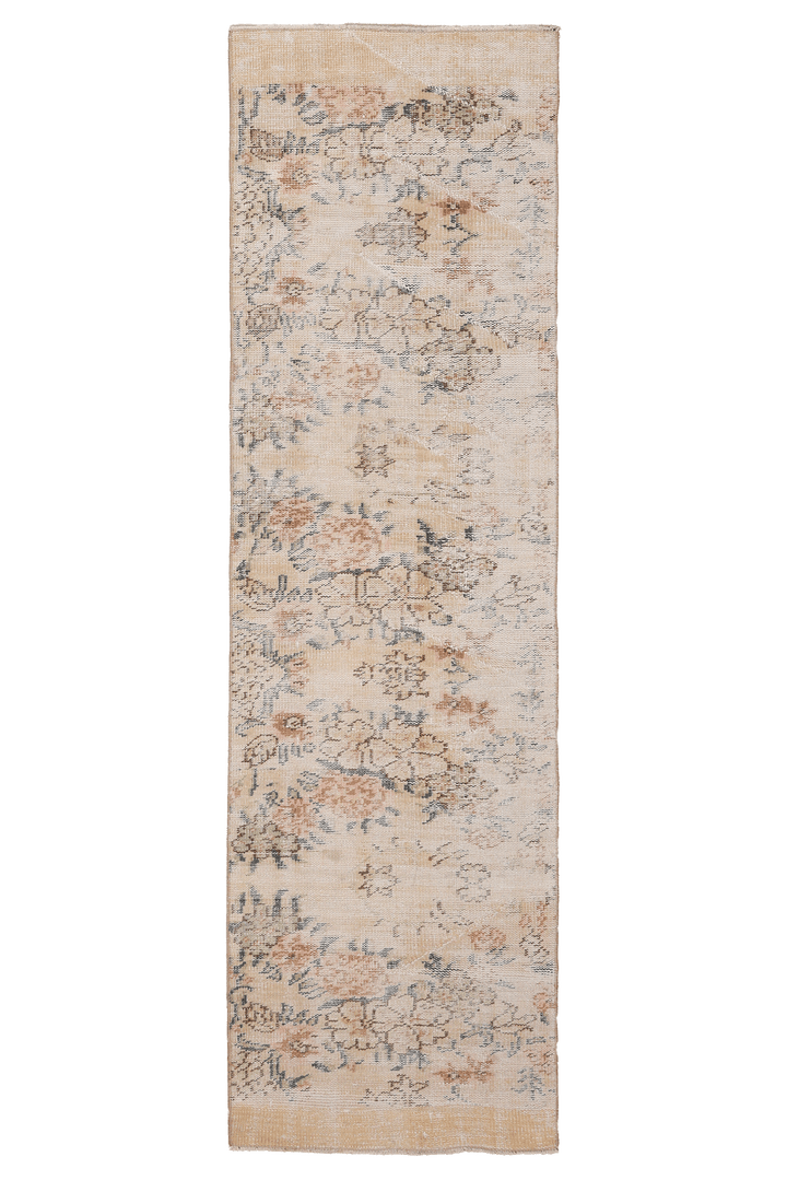 Vintage Manisa Turkish Runner Rug 2x8 ft — Beige & Brown Distressed