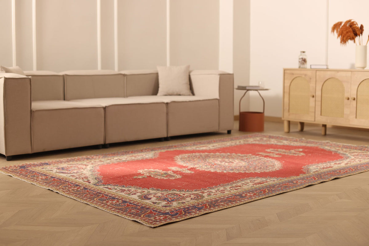 Vintage Isparta Turkish Area Rug 7x10 ft — Red & Beige Floral