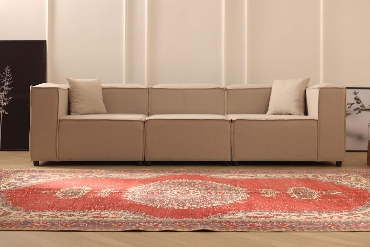 Vintage Isparta Turkish Area Rug 7x10 ft — Red & Beige Floral