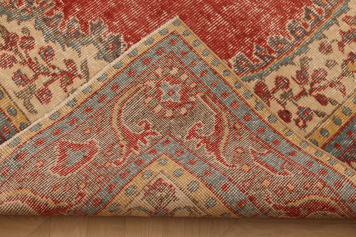 Vintage Isparta Turkish Area Rug 7x10 ft — Red & Beige Floral