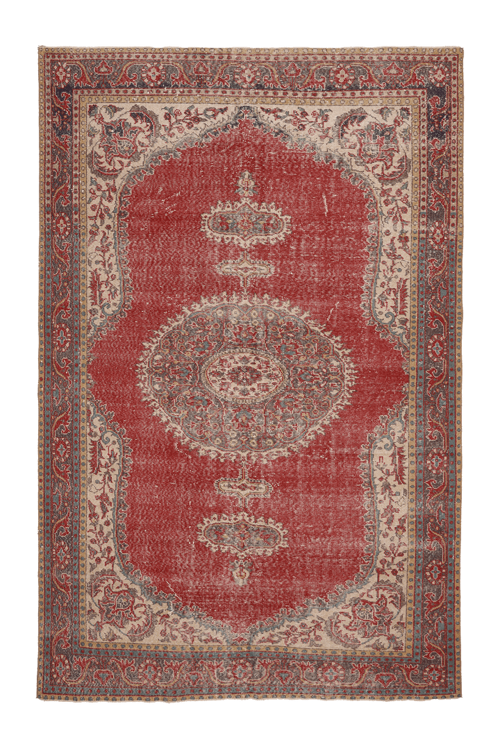 Vintage Isparta Turkish Area Rug 7x10 ft — Red & Beige Floral