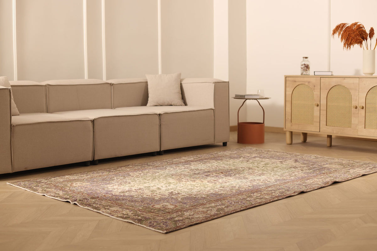 Vintage Isparta Turkish Area Rug 6x9 ft — Beige & Brown Floral