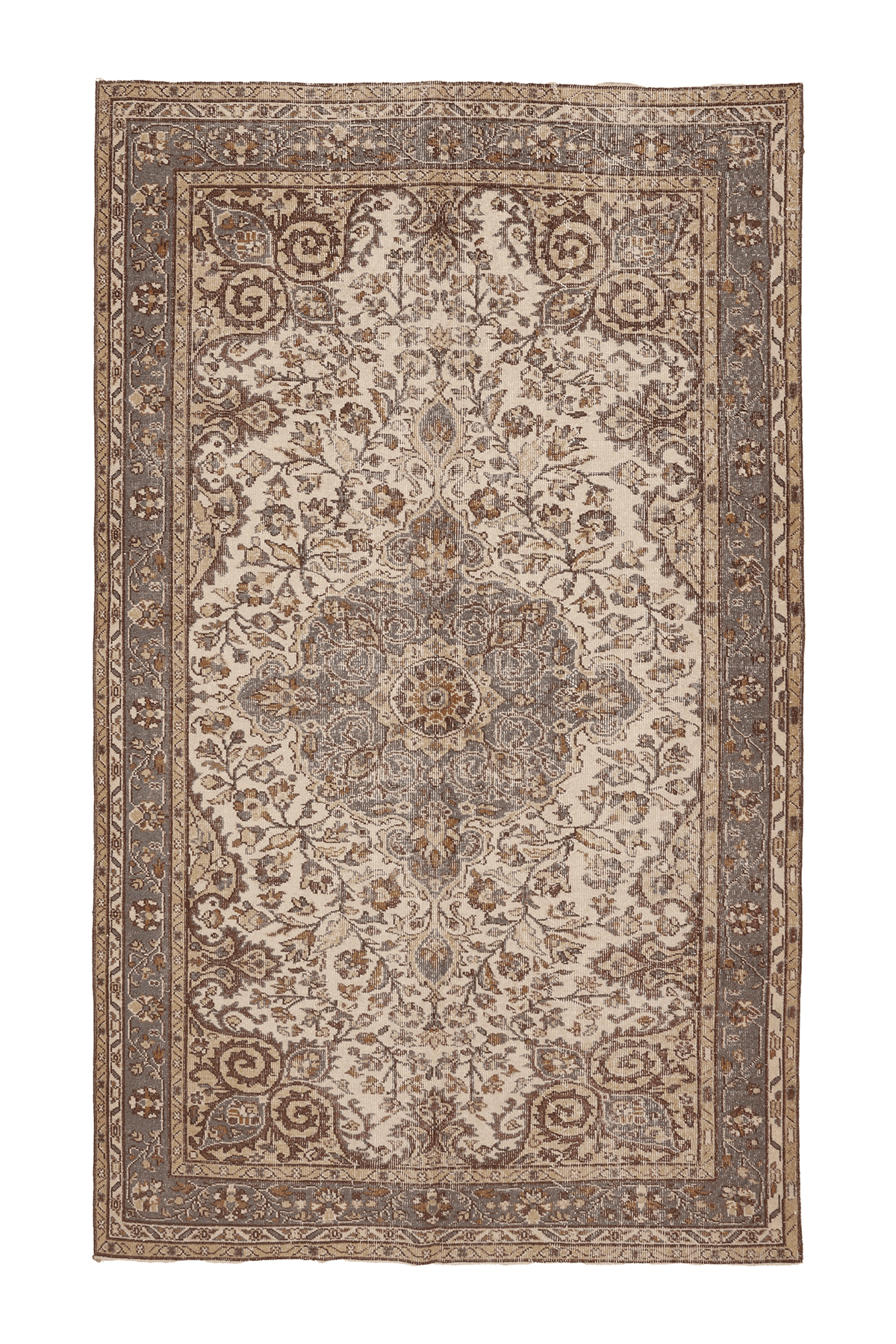 Vintage Isparta Turkish Area Rug 5x9 ft — Beige & Brown Floral