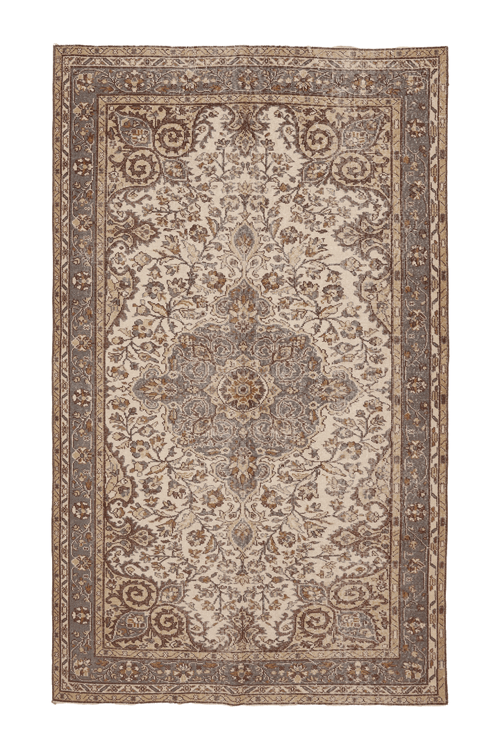 Vintage Isparta Turkish Area Rug 5x9 ft — Beige & Brown Floral