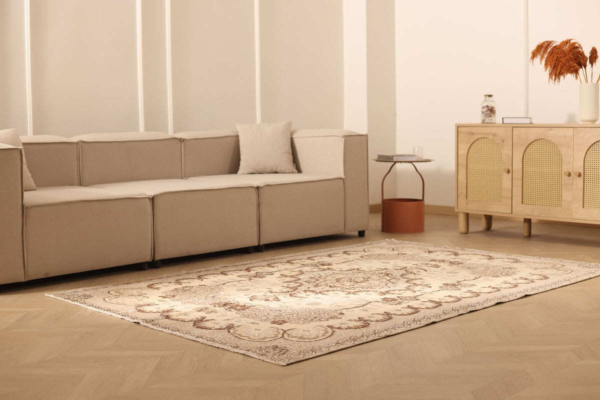 Vintage Isparta Turkish Area Rug 6x8 ft — Beige & Brown Floral