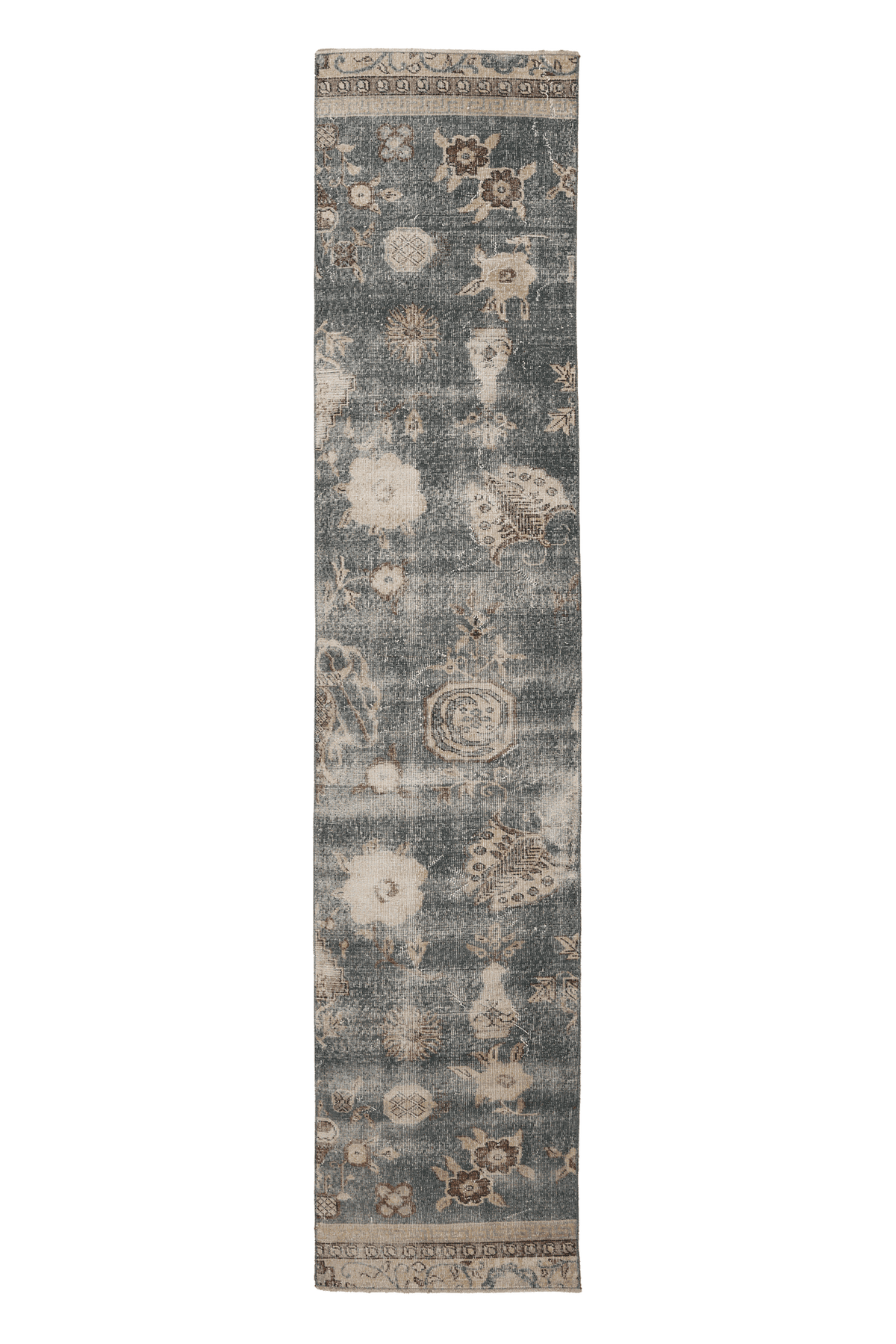 Vintage Isparta Turkish Runner Rug 2x11 ft — Blue & Beige Floral