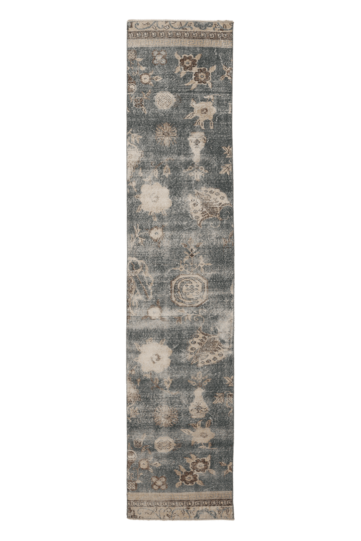 Vintage Isparta Turkish Runner Rug 2x11 ft — Blue & Beige Floral