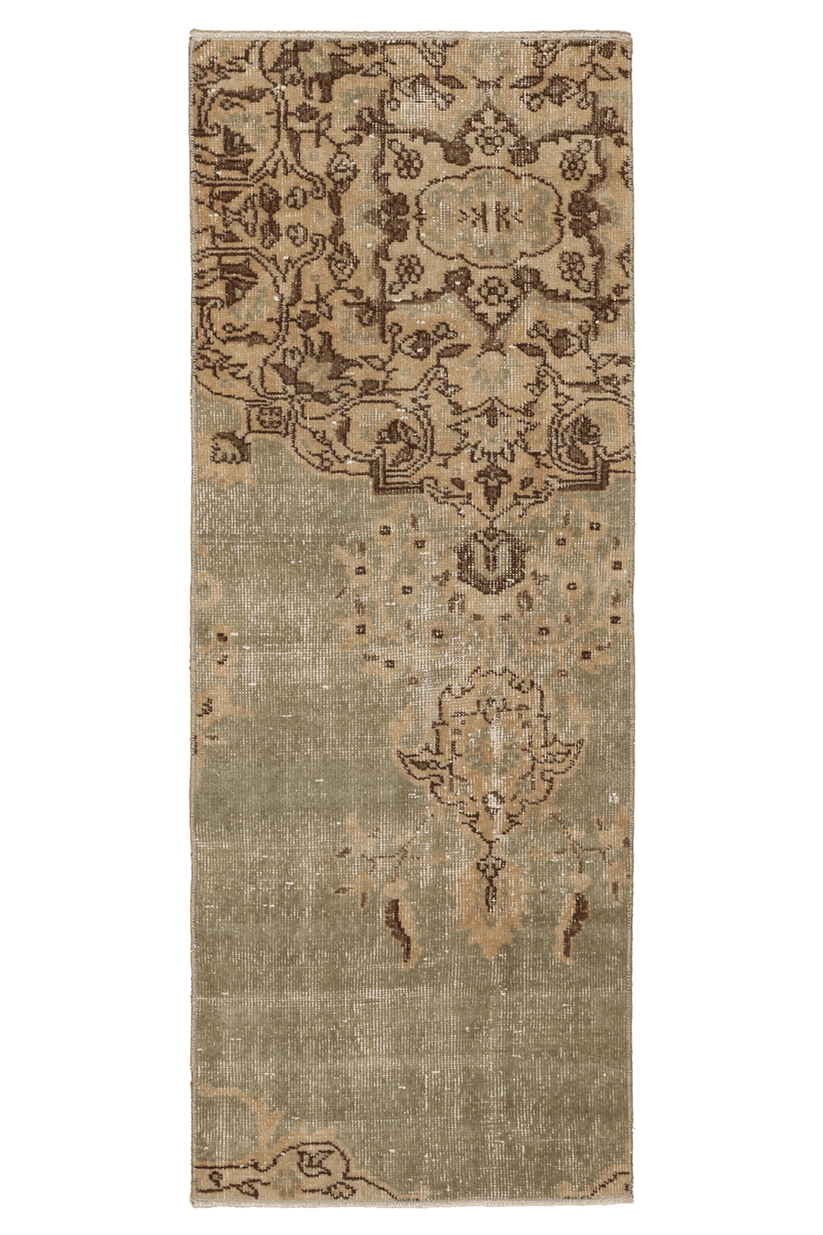 Vintage Isparta Turkish Runner Rug 2x5 ft — Beige & Green Distressed