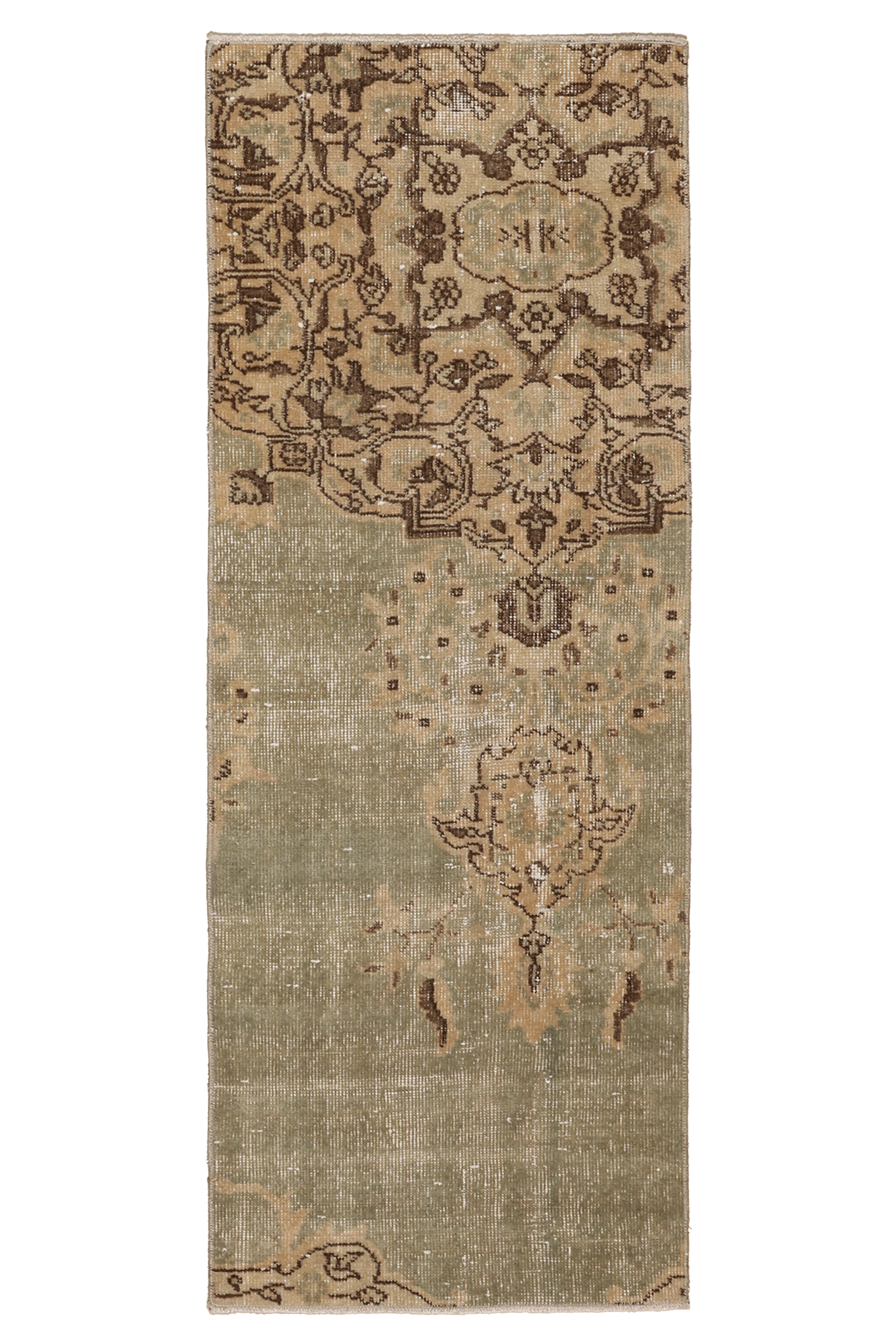 Vintage Isparta Turkish Runner Rug 2x5 ft — Beige & Green Distressed
