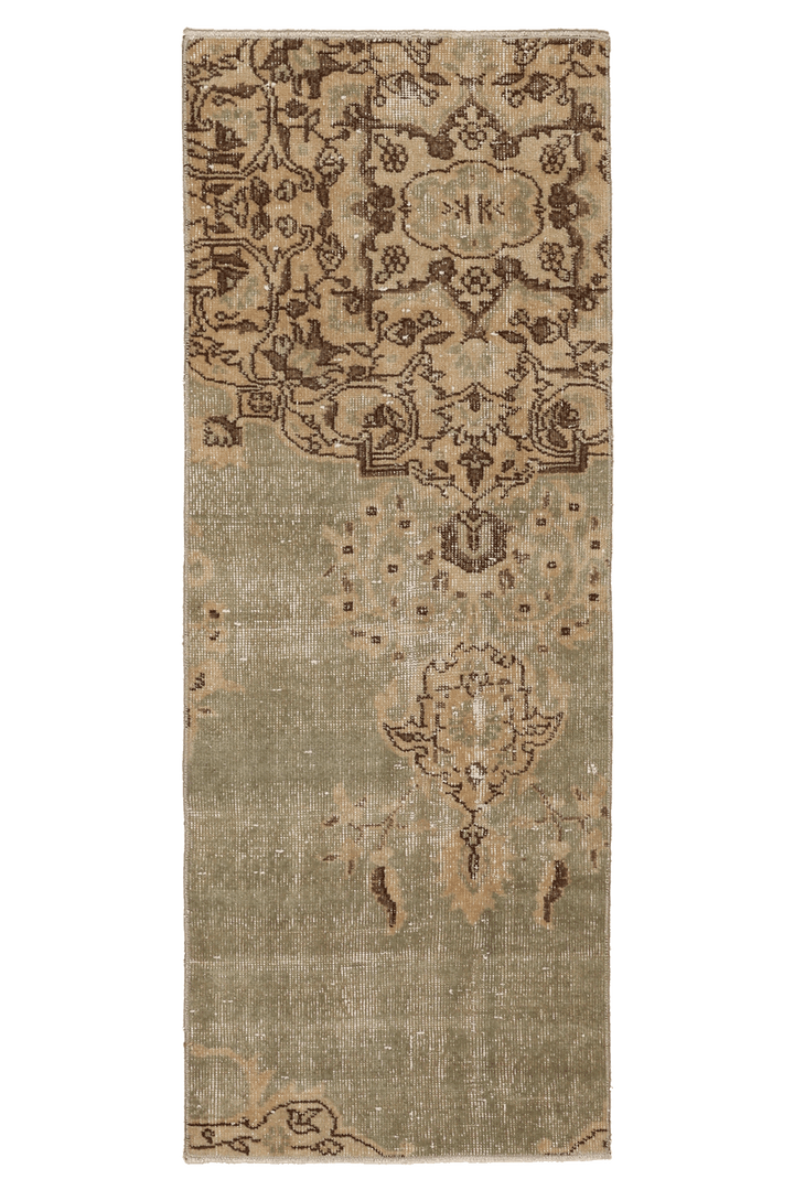 Vintage Isparta Turkish Runner Rug 2x5 ft — Beige & Green Distressed