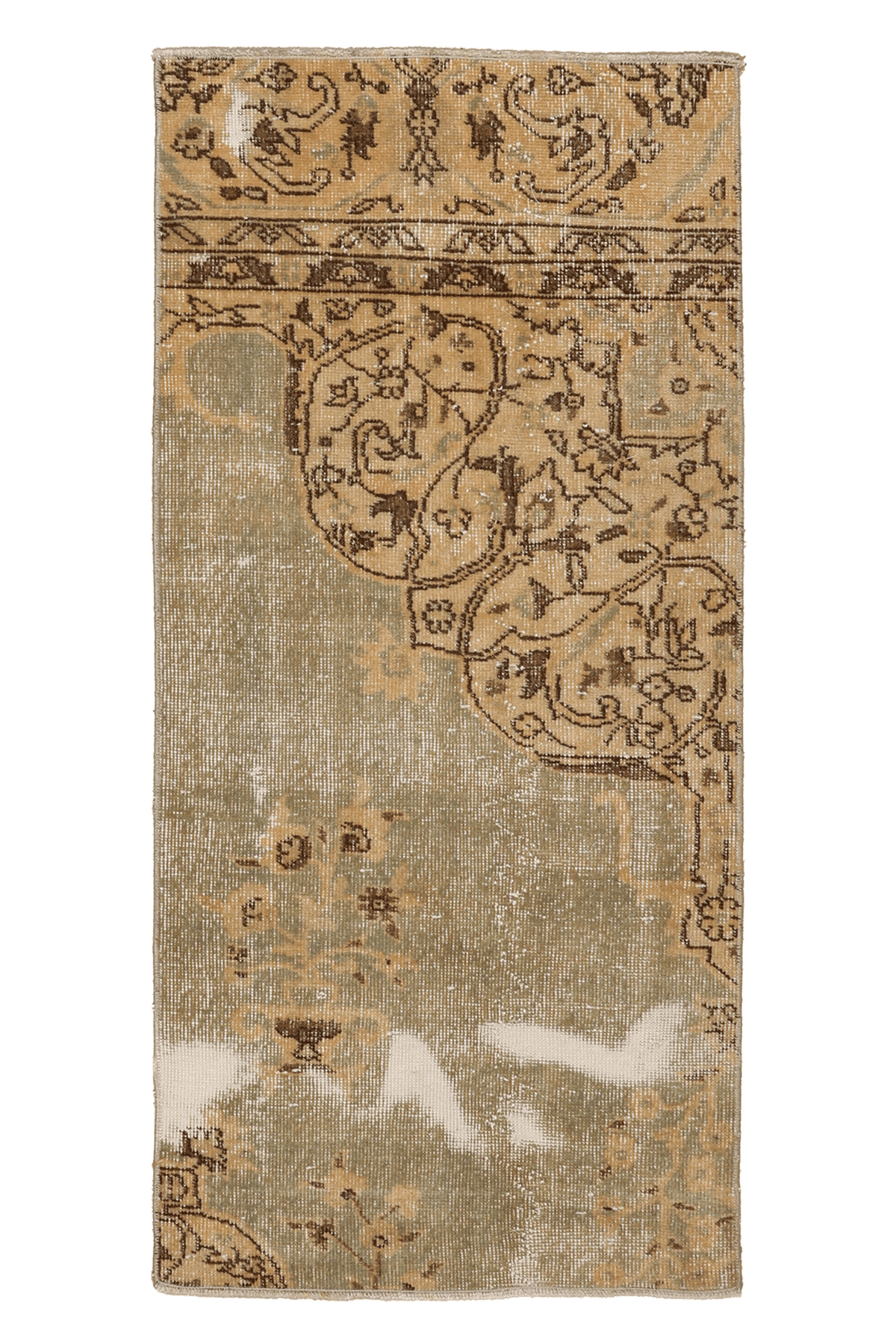 Vintage Isparta Turkish Doormat 2x5 ft — Beige & Green Distressed