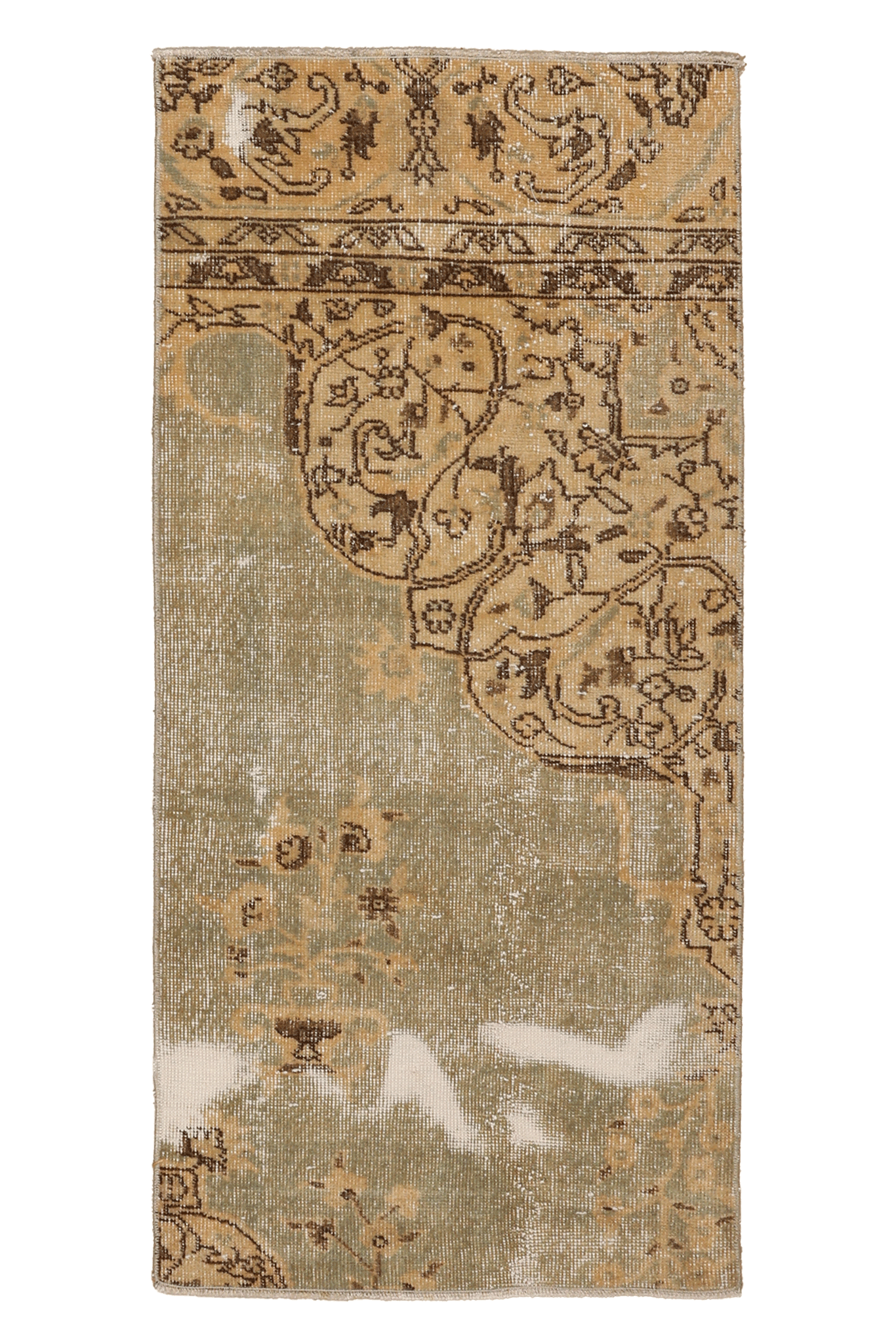 Vintage Isparta Turkish Doormat 2x5 ft — Beige & Green Distressed