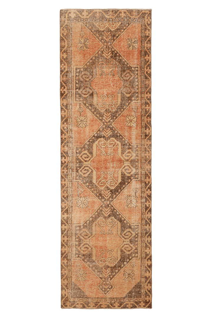 Vintage Malatya Turkish Runner Rug 3x11 ft — Orange & Brown Geometric (No. 36195)