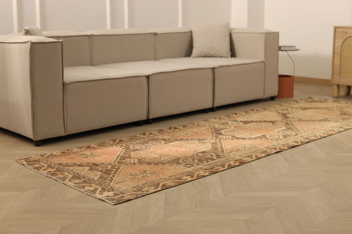 Vintage Malatya Turkish Runner Rug 3x11 ft — Orange & Brown Geometric (No. 36195)