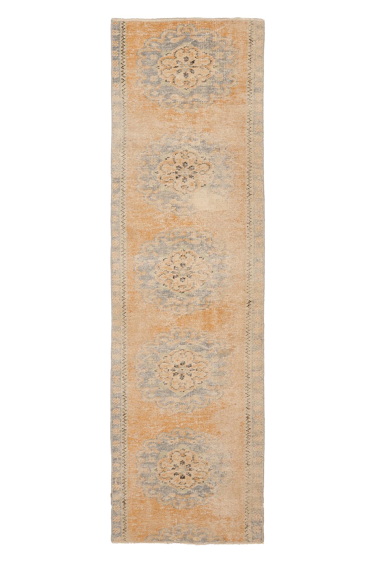 Vintage Manisa Turkish Runner Rug 2x8 ft — Orange & Gray Distressed