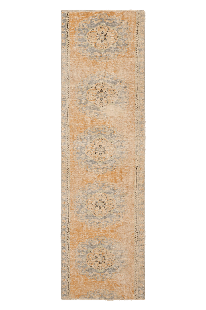 Vintage Manisa Turkish Runner Rug 2x8 ft — Orange & Gray Distressed