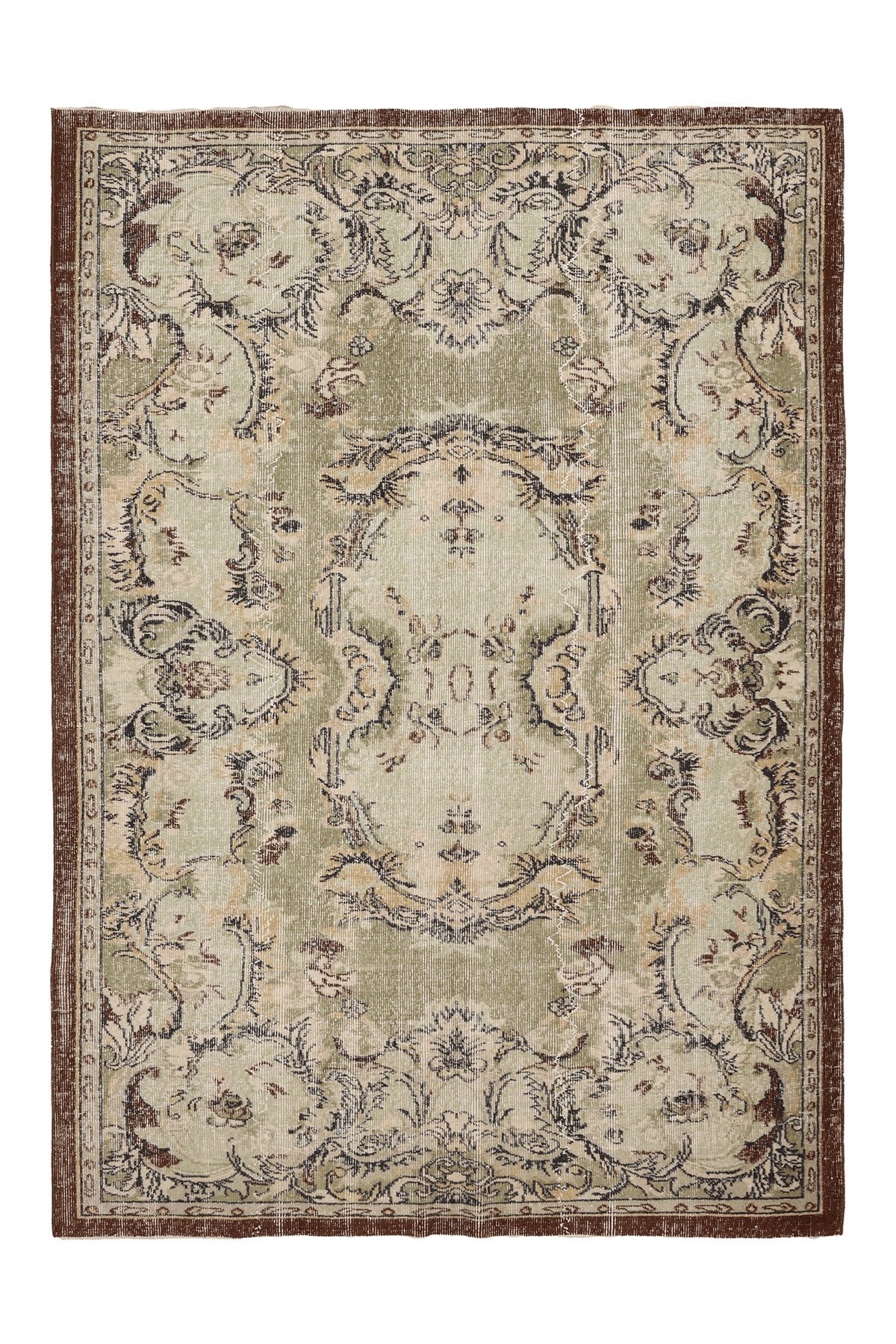 Vintage Isparta Turkish Area Rug 5x8 ft — Green & Beige Floral