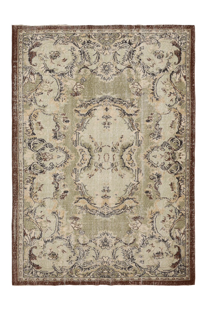 Vintage Isparta Turkish Area Rug 5x8 ft — Green & Beige Floral