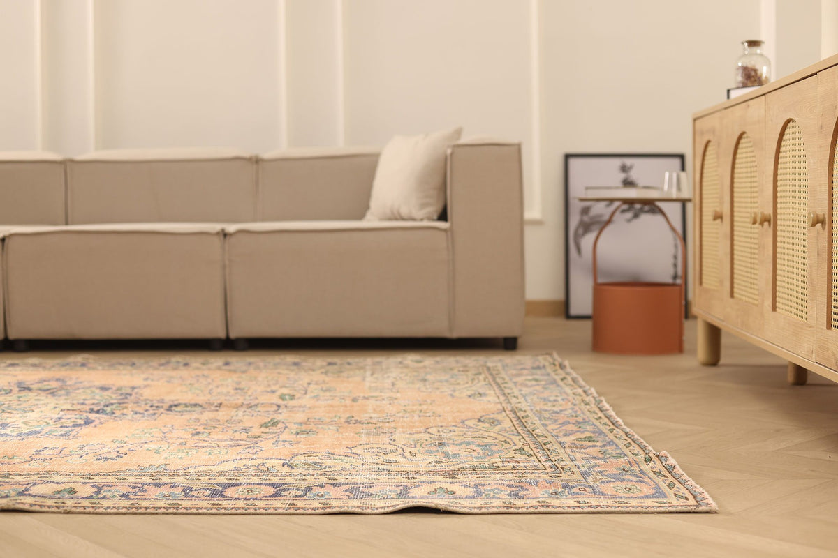 Vintage Isparta Turkish Area Rug 7x10 ft — Orange & Blue Floral