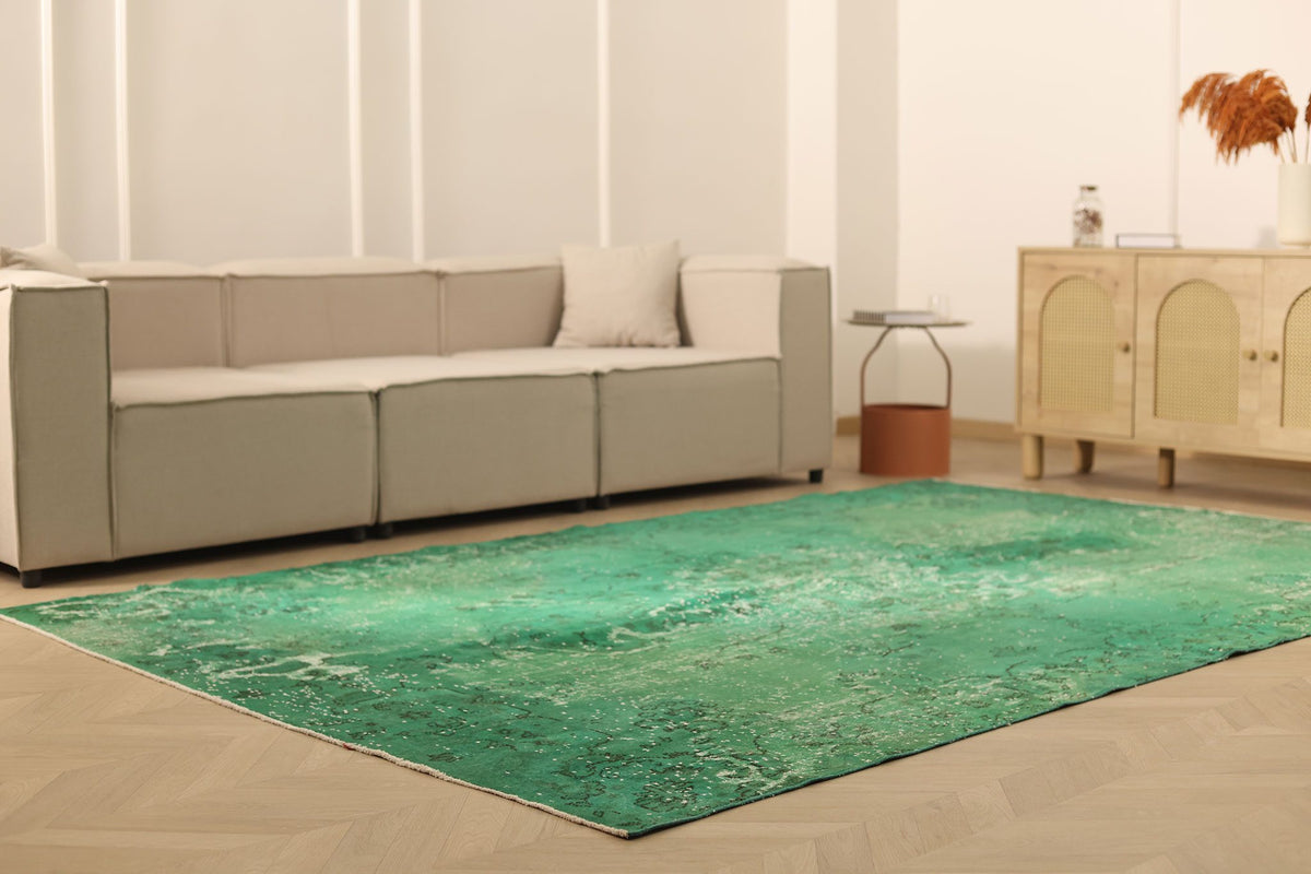 Vintage Isparta Turkish Area Rug 7x11 ft — Green & White Overdyed