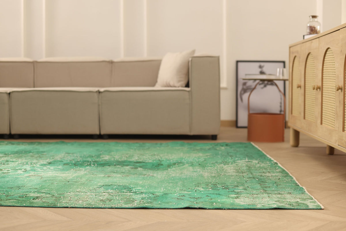 Vintage Isparta Turkish Area Rug 7x11 ft — Green & White Overdyed