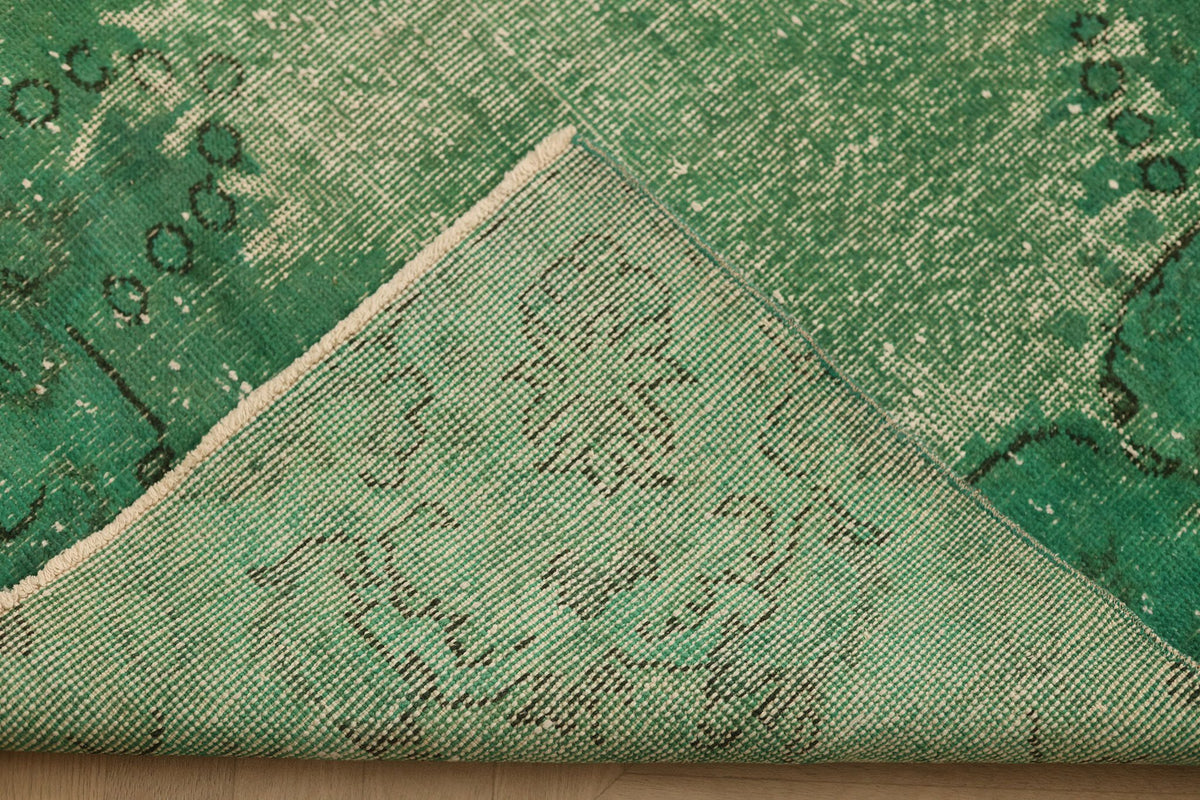 Vintage Isparta Turkish Area Rug 7x11 ft — Green & White Overdyed