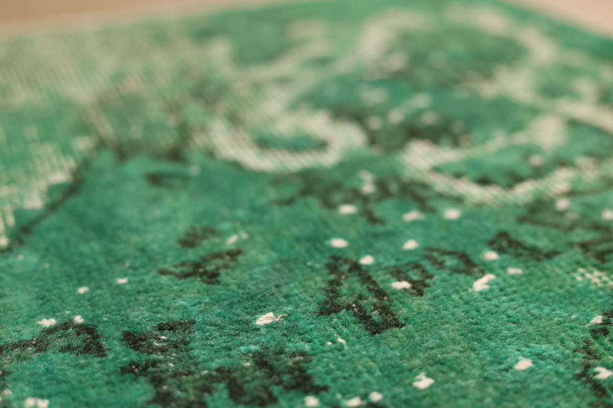 Vintage Isparta Turkish Area Rug 7x11 ft — Green & White Overdyed