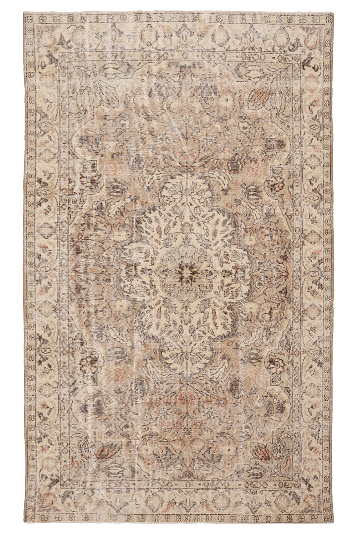 Vintage Isparta Turkish Area Rug 5x8 ft — Beige & Brown Floral (No. 36984)