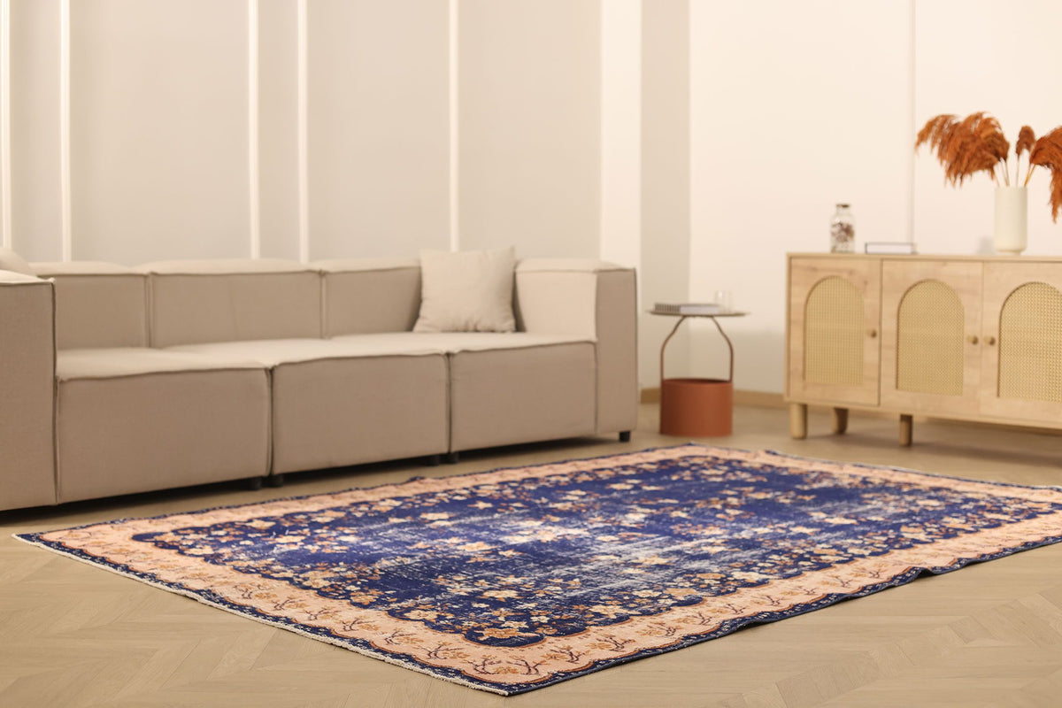 Vintage Isparta Turkish Area Rug 7x9 ft — Blue & Beige Floral