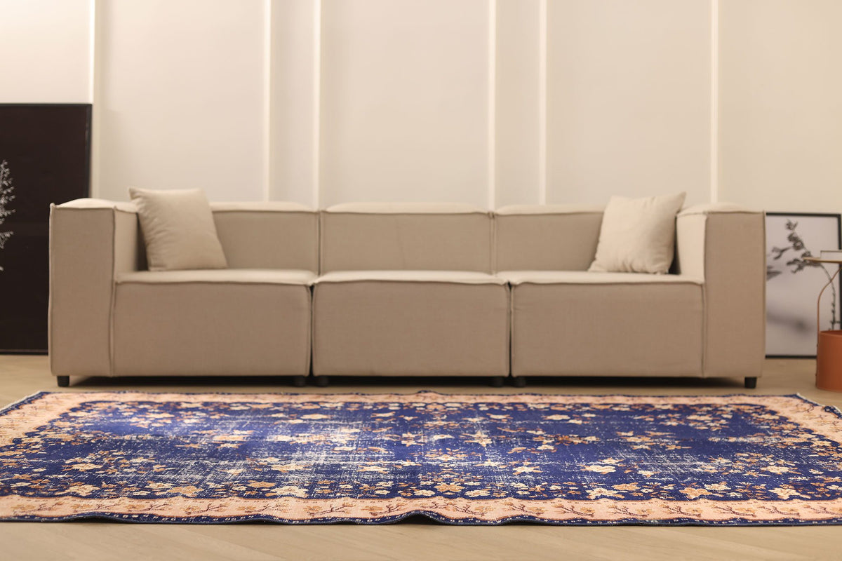 Vintage Isparta Turkish Area Rug 7x9 ft — Blue & Beige Floral