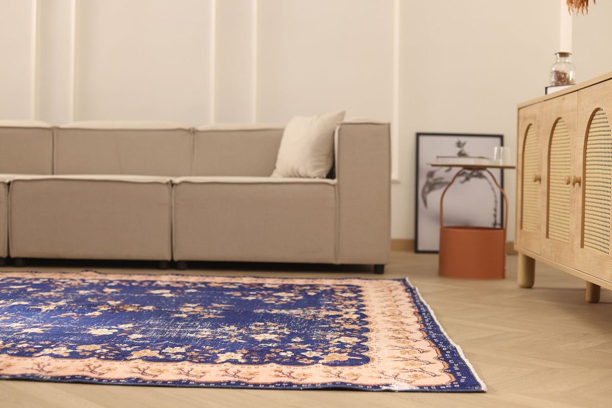 Vintage Isparta Turkish Area Rug 7x9 ft — Blue & Beige Floral
